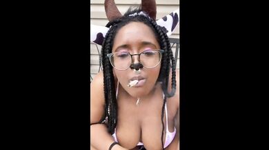 Thick Ebony Cowgirl Smokes Weed and Pees Outside in Dressup