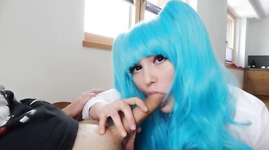 Sloppy Deeptroat Blowjob from Blue Hair Slut with Cumshot and Cum in Mouth