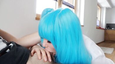 Sloppy Deeptroat Blowjob from Blue Hair Slut with Cumshot and Cum in Mouth