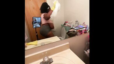 Ebony BBW Cleaning Maid Nip Slip Shirt Hanging Out Thick Thighs Big Ass