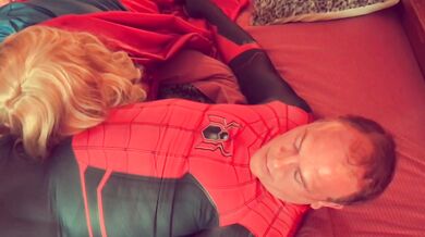 Granny Supergirl Cosplay Blonde Blowjob Destroys Spiderman