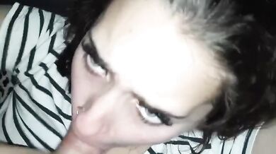Brunette Green Eyes Deepthroat Moans Working Hard to Swallow Cumshot