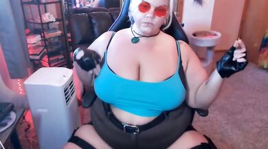 Busty Blonde BBW Lara Croft cosplay smoker destroys fat belly gushing spitting fat pussy