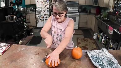 Sexy Mature Granny Bakes Pumpkin Pie In Kitchen