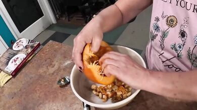 Sexy Mature Granny Bakes Pumpkin Pie In Kitchen