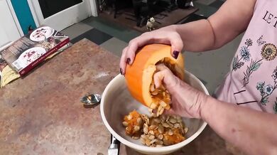Sexy Mature Granny Bakes Pumpkin Pie In Kitchen