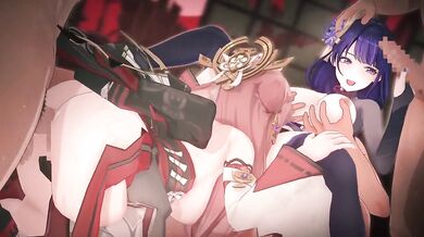 Raiden Shogun and Yae Miko Destroyed in Genshin Impact Hentai Orgy