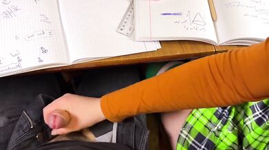 Schoolgirl Handjob Again in Math Class Under the Desk Almost Caught Public Cumshot