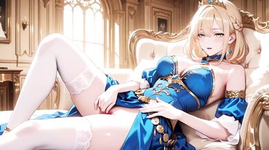 Crowned Queen Blonde Blue Gown Red Carpet Kneeling Regal Tease Destroyed Gushing