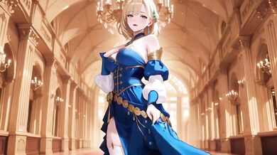 Crowned Queen Blonde Blue Gown Red Carpet Kneeling Regal Tease Destroyed Gushing