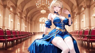 Crowned Queen Blonde Blue Gown Red Carpet Kneeling Regal Tease Destroyed Gushing
