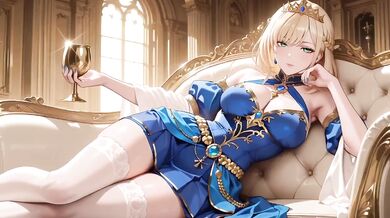 Crowned Queen Blonde Blue Gown Red Carpet Kneeling Regal Tease Destroyed Gushing
