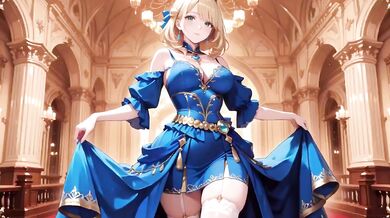 Crowned Queen Blonde Blue Gown Red Carpet Kneeling Regal Tease Destroyed Gushing