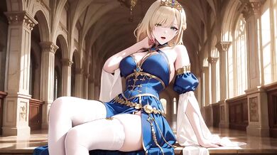 Crowned Queen Blonde Blue Gown Red Carpet Kneeling Regal Tease Destroyed Gushing