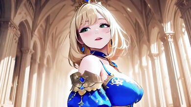 Crowned Queen Blonde Blue Gown Red Carpet Kneeling Regal Tease Destroyed Gushing
