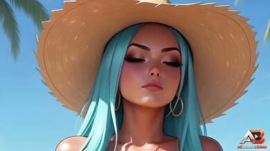 Blue haired MILF with big ass and big tits destroyed by tight pussy sex on beach sunbathing amateur ai