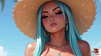 Blue haired MILF with big ass and big tits destroyed by tight pussy sex on beach sunbathing amateur ai