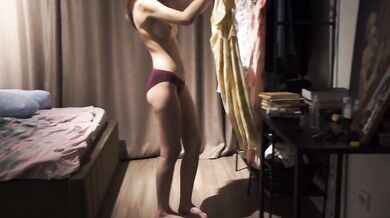 Russian hot girl in cute dress caught a jerking off friend and punished him