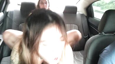 whore can't stand it and pleasures her pussy in an uber with a strap-on