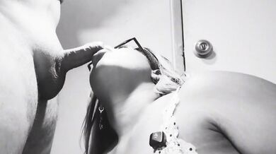 Ebony MILF Mom Babe Teacher Shows Off Cock Sucking Skills With Glasses And Big Tits While Husband Away Black And White Version