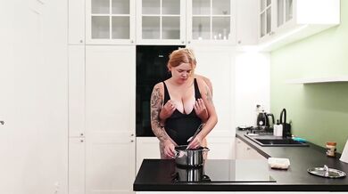 Husband destroys me cooking dinner kitchen fuck cum on tits amateur big tits intense