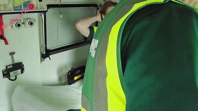 Paramedic rides colleagues cock on lunch break gets pounded doggy style and a load all over her ass