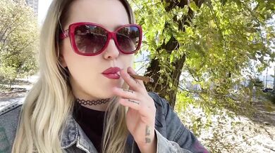 Beautiful Slavic Blonde Goddess Smoking Cigarette Outdoors In A Pretty Fall Landscape Destroyed Gushing Choked
