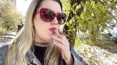 Beautiful Slavic Blonde Goddess Smoking Cigarette Outdoors In A Pretty Fall Landscape Destroyed Gushing Choked
