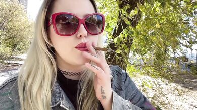 Beautiful Slavic Blonde Goddess Smoking Cigarette Outdoors In A Pretty Fall Landscape Destroyed Gushing Choked