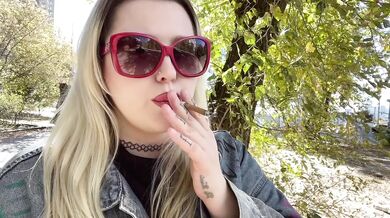 Beautiful Slavic Blonde Goddess Smoking Cigarette Outdoors In A Pretty Fall Landscape Destroyed Gushing Choked