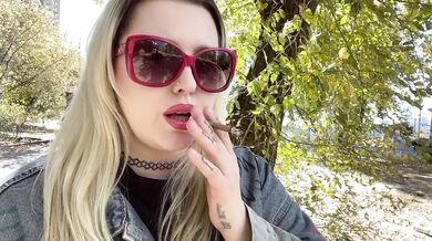Beautiful Slavic Blonde Goddess Smoking Cigarette Outdoors In A Pretty Fall Landscape Destroyed Gushing Choked