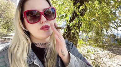 Beautiful Slavic Blonde Goddess Smoking Cigarette Outdoors In A Pretty Fall Landscape Destroyed Gushing Choked