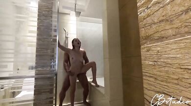 Hot Blonde Stepdaughter Destroyed in Shower Cum Dripping Mouth