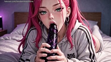 Pink Hair Anime Girl Deepthroats and Rides Dildo Till Gushing Orgasm