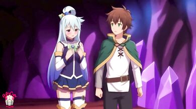 Aqua and Kazuma Satou fuck in a cave gushing blowjob creampie big tits