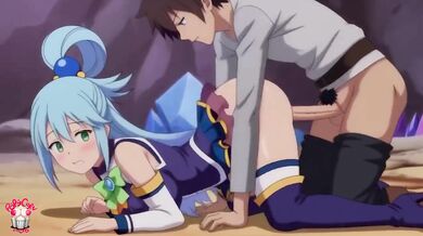 Aqua and Kazuma Satou fuck in a cave gushing blowjob creampie big tits