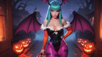 Trick or Treat Lara and Morrigan Knock on Your Door for Clothed Sex and Blowjob Cumshot