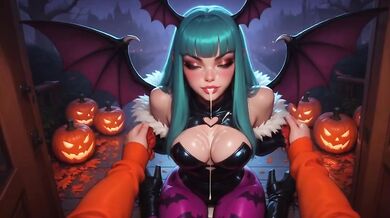 Trick or Treat Lara and Morrigan Knock on Your Door for Clothed Sex and Blowjob Cumshot