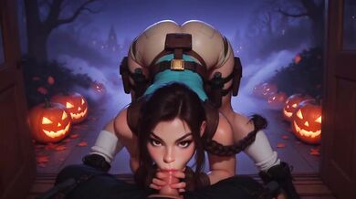 Trick or Treat Lara and Morrigan Knock on Your Door for Clothed Sex and Blowjob Cumshot