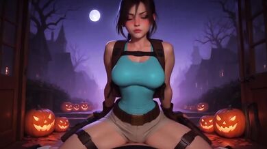 Trick or Treat Lara and Morrigan Knock on Your Door for Clothed Sex and Blowjob Cumshot
