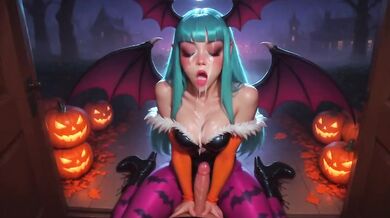 Trick or Treat Lara and Morrigan Knock on Your Door for Clothed Sex and Blowjob Cumshot