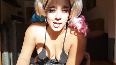 Sloppy Harley Quinn Cosplay Deeps Throat Until Covered In Facial Cumshot