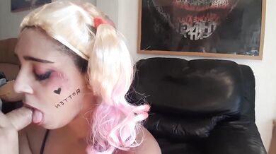 Sloppy Harley Quinn Cosplay Deeps Throat Until Covered In Facial Cumshot