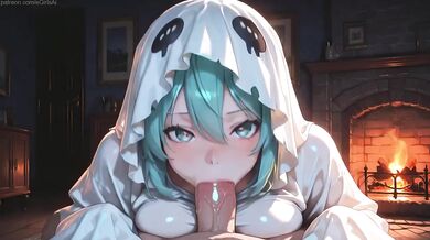 Miku in a Halloween ghost costume wants cum and sex