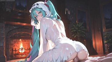 Miku in a Halloween ghost costume wants cum and sex