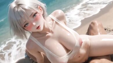 Big Ass Anime Girl In Wet Swimsuit Gets Destroyed With Gushing Beach Creampie