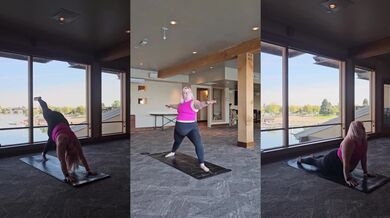 Curvy Blonde BBW Stretches in Black Leggings Yoga
