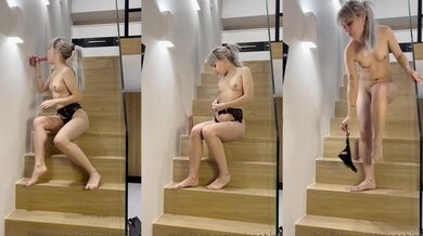 Blonde Girl Masturbating On Stairs With Jumping Dildo Loud Moaning