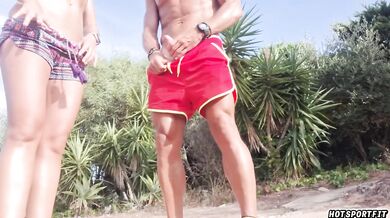 Risky Public Sex by the Sea Naked Couple Blowjob Pussy Eating Fuck Almost Caught