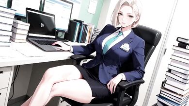 Boss Blonde in Suit Kneeling on Desk Files Collar Low Angle Lazy Sexy Private